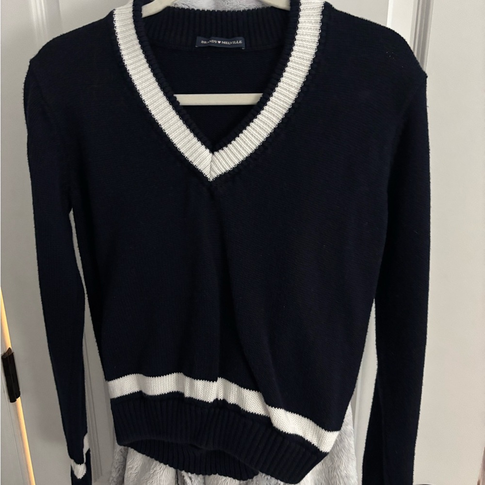 Brandy Melville Black V-Neck Sweater with White Accents